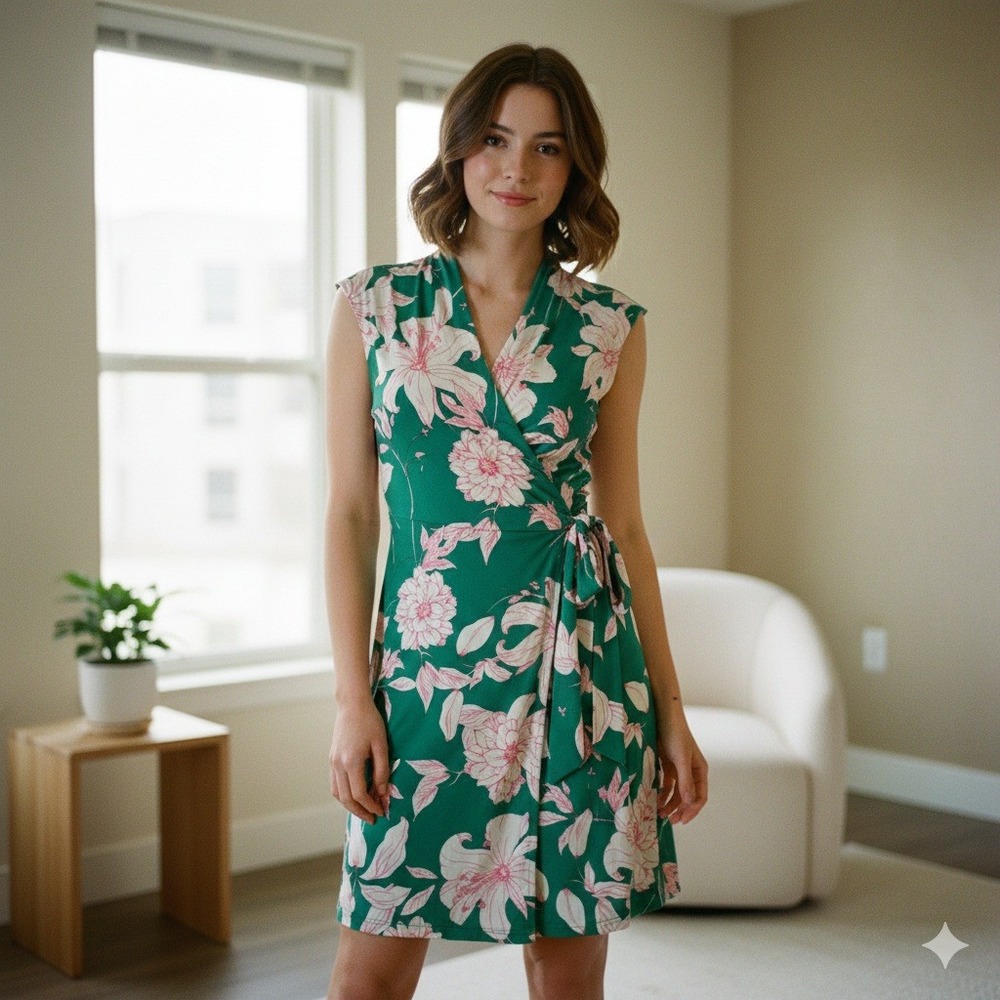 Eliza J Green & Pink Floral Faux Cap Sleeve Wrap Midi Dress - Size 2